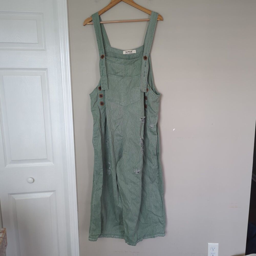 Three Bird Nest Sage Green Women's Denim Overalls Dress - Picture 2 of 12
